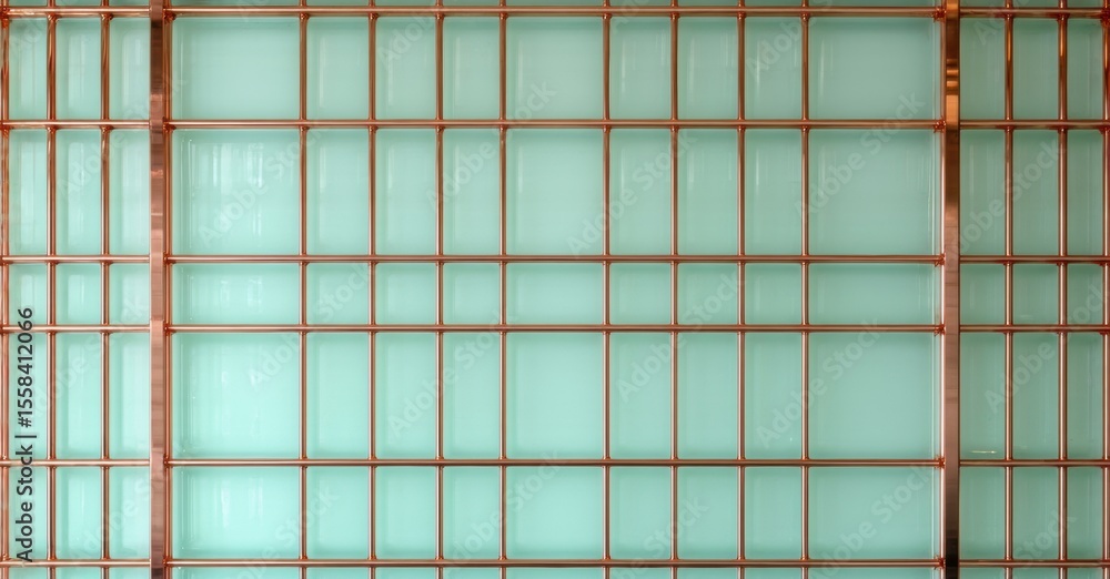 Poster grid pattern dominates image. teal glass panels framed by metal structure. minimalist design, clean 