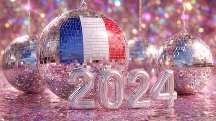 New Year’s Eve broadcast set with a French flag, glittering disco balls, "2024" signs, and a soft glowing white blur