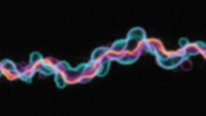 Abstract wavy line with blurry circles against a black background displaying shades of teal pink and orange
