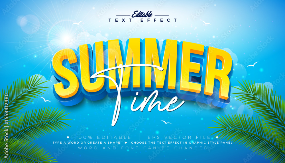 Poster summer time 3d text effect design editable and scalable vector graphic style effect with typography 