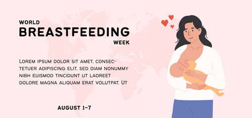 Mother breastfeeding baby to celebrate World Breastfeeding Week. Educational banner template for lactation awareness and maternal health support. Flat Style Vector Illustration.