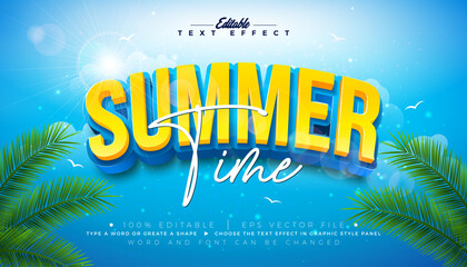 Summer Time 3D Text Effect Design Editable and Scalable Vector Graphic Style Effect with Typography Lettering and Shadow on Blue Cloudy Sky Background. Premium Illustration Template With Tropical Palm