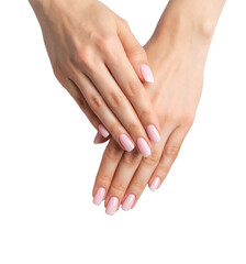 Woman gently holding her hands together on transparent background