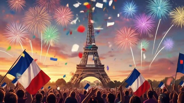 Bastille Day Celebration: Eiffel Tower, Fireworks, and Cheering Crowds in Paris!
