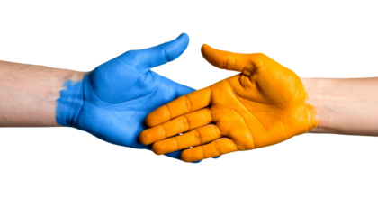 A Two hands with colored paint, symbolizing diversity and unity, with one hand showing orange and the other showing blue