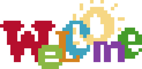 Welcome en pixel art multicolore rouge, vert, bleu, orange, jaune, violet avec un effet de soleil derrière le O