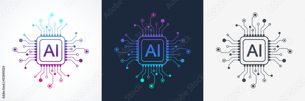 Poster Artificial intelligence icon, sign, logo in the circuit line style. AI processor vector icon flat design. Motherboard digital chip AI. Machine learning design