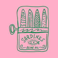 Whimsical Tinned Goods Can Of Sardines Canned Fish Food Colorful Seafood Illustration Vector Clip-art, Positive Vibe Artwork For T Shirt Print, Poster, Sticker And Other Uses