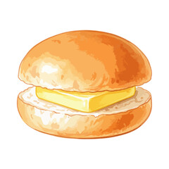 Thick Slice of Butter in a Burger Bun isolated in a transparent PNG background – watercolour art