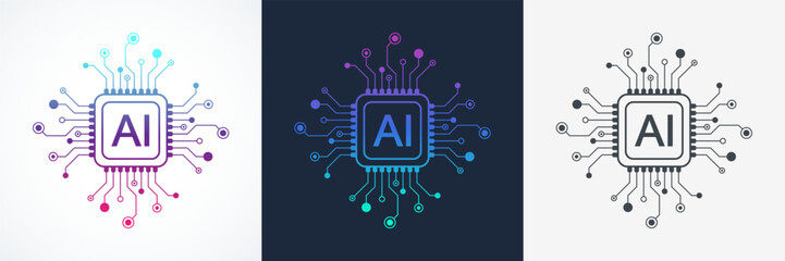 Artificial intelligence icon, sign, logo in the circuit line style. AI processor vector icon flat design. Motherboard digital chip AI. Machine learning design