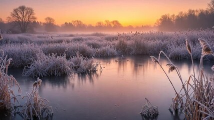 Frosty Marsh at Dawn with Mist and Colorful Sky - Powered by Adobe