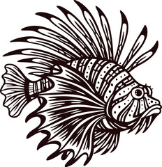 Detailed hand drawn lionfish illustration with ornate fins and bold line art patterns