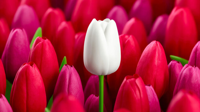Unique white tulip stands out in a vibrant field of red tulips celebrating individuality