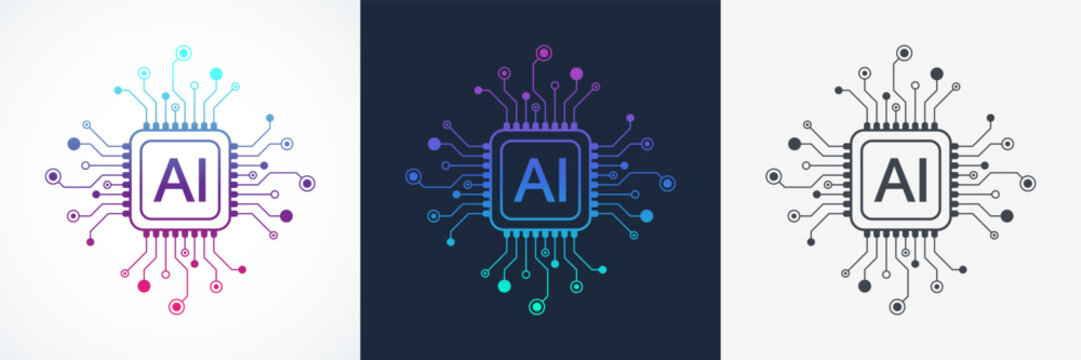 Artificial intelligence icon, sign, logo in the circuit line style. AI processor vector icon flat design. Motherboard digital chip AI. Machine learning design