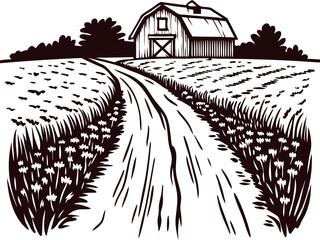 rustic barn with winding dirt road and wildflower field, vintage hand drawn black and white illustration