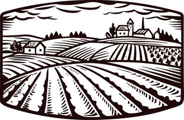 Vintage rural farmland landscape with distant farmhouse, cultivated fields and rolling hills in hand drawn engraving