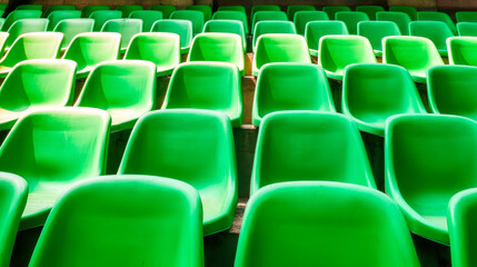 Naklejka premium Vibrant green seats arranged in neat rows create a modern stadium atmosphere