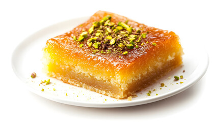 tasty slice of traditional Middle Eastern dessert kunafa topped with chopped pistachios and drizzled with syrup on a white background