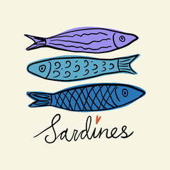 Whimsical Sardines Colorful Seafood Illustration Vector Clipart Positive Vibe For T Shirt Print, Poster, Sticker And Other Uses 