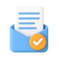 3D illustration of a document inside blue envelope with orange approved check mark icon, isolated on transparent background