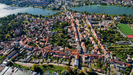 Aerial of the old town of the island city Werder on a sunny noon in summer in Germany.