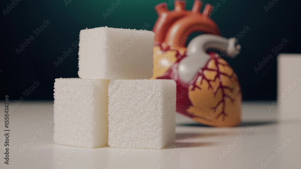 Poster white sugar cubes are gradually piling up on a white surface, with an anatomical heart model in the 