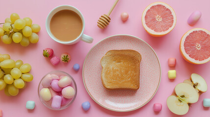 Vibrant breakfast scene with toast, coffee, grapes, grapefruit, and colorful candies on pastel pink background creates cheerful atmosphere