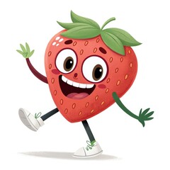 Obraz premium Cheerful Strawberry Cartoon Character Walking on White Background with Big Smile
