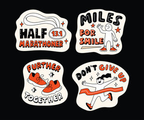 A collection of fun, motivational running-themed stickers with hand-drawn style, dynamic typography, and energetic characters, ideal for active lifestyle visuals.