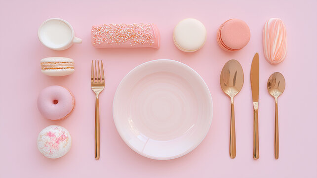 Pastel pink flat lay features dessert arrangement with macarons, donuts, and cup, alongside plate and rose gold cutlery, creating harmonious and elegant setting