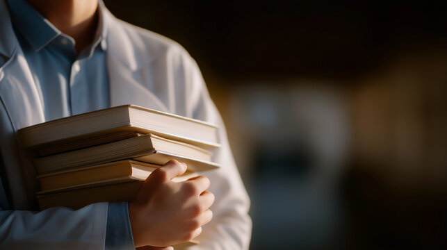 Medical college student studying with books in soft light