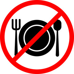 food sign prohibited. No eating sign illustration. no eating. no food sign. no food. illustration of plate spoon and fork in red circle