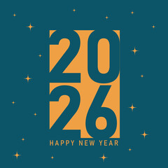  Striking 2026 New Year vector design featuring bold gold typography on a deep teal background with sparkling stars. Ideal for festive cards, banners, and invites.
