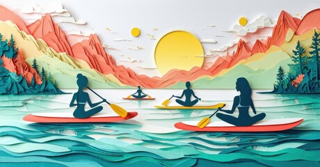 Papercraft scene depicts people paddleboarding calm waters. Mountains, sun create serene landscape. Peaceful outdoor recreation.