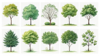 Collection of twelve diverse watercolor illustrations of trees in various shapes and sizes nature green