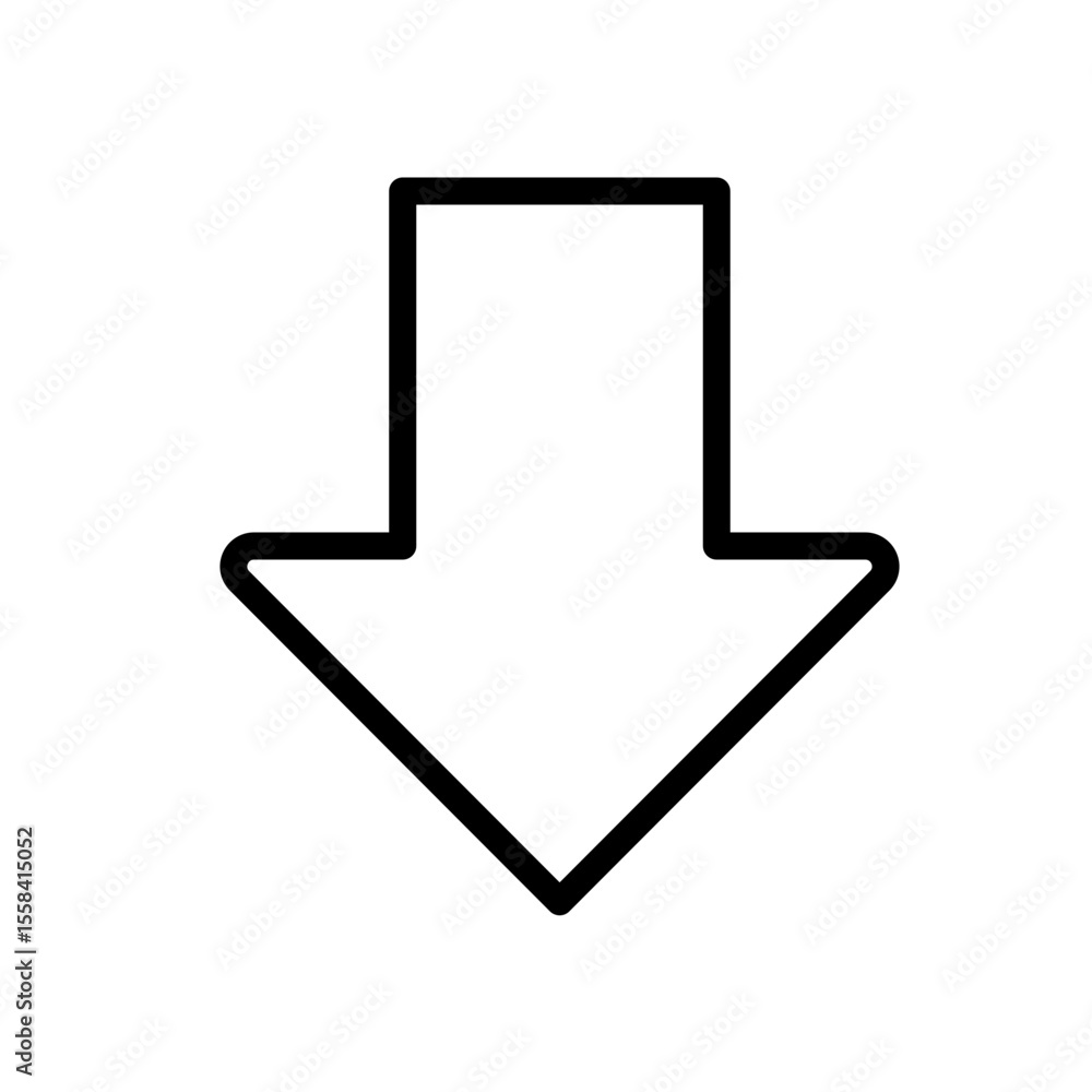 Poster downward thick arrow linear icon. pointer symbolizing direction or download. falling down. decrease 
