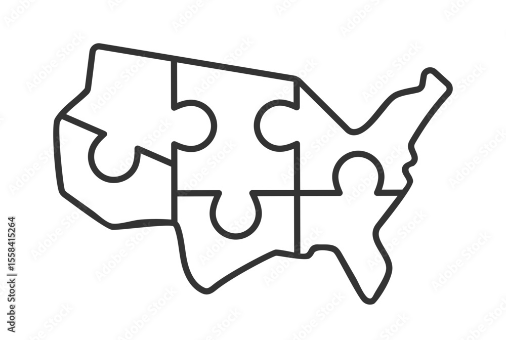 Poster national unity linear icon. abstract map of the united states. regional interdependence. puzzle piec