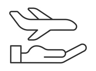 Travel insurance linear icon. Transportation service. Plane trip. Airline services. Hand holds airplane. Thin line illustration. Contour symbol. Vector outline drawing. Editable stroke
