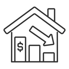 Decrease in home prices linear icon. Economic crisis and downturn. Real estate market. Mortgage rates. Thin line illustration. Contour symbol. Vector outline drawing. Editable stroke