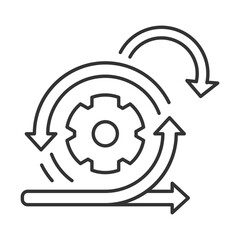 Agile development linear icon. Rotating gear and arrows icon. Different directions. Project management. Thin line illustration. Contour symbol. Vector outline drawing. Editable stroke