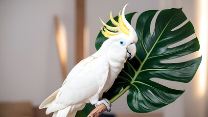 White Cockatoo Resting on a Large Green Tropical Leaf in a Stylish Indoor Space