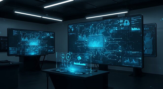 High-Tech Command Center with Cybersecurity Interfaces. (AI Generated)