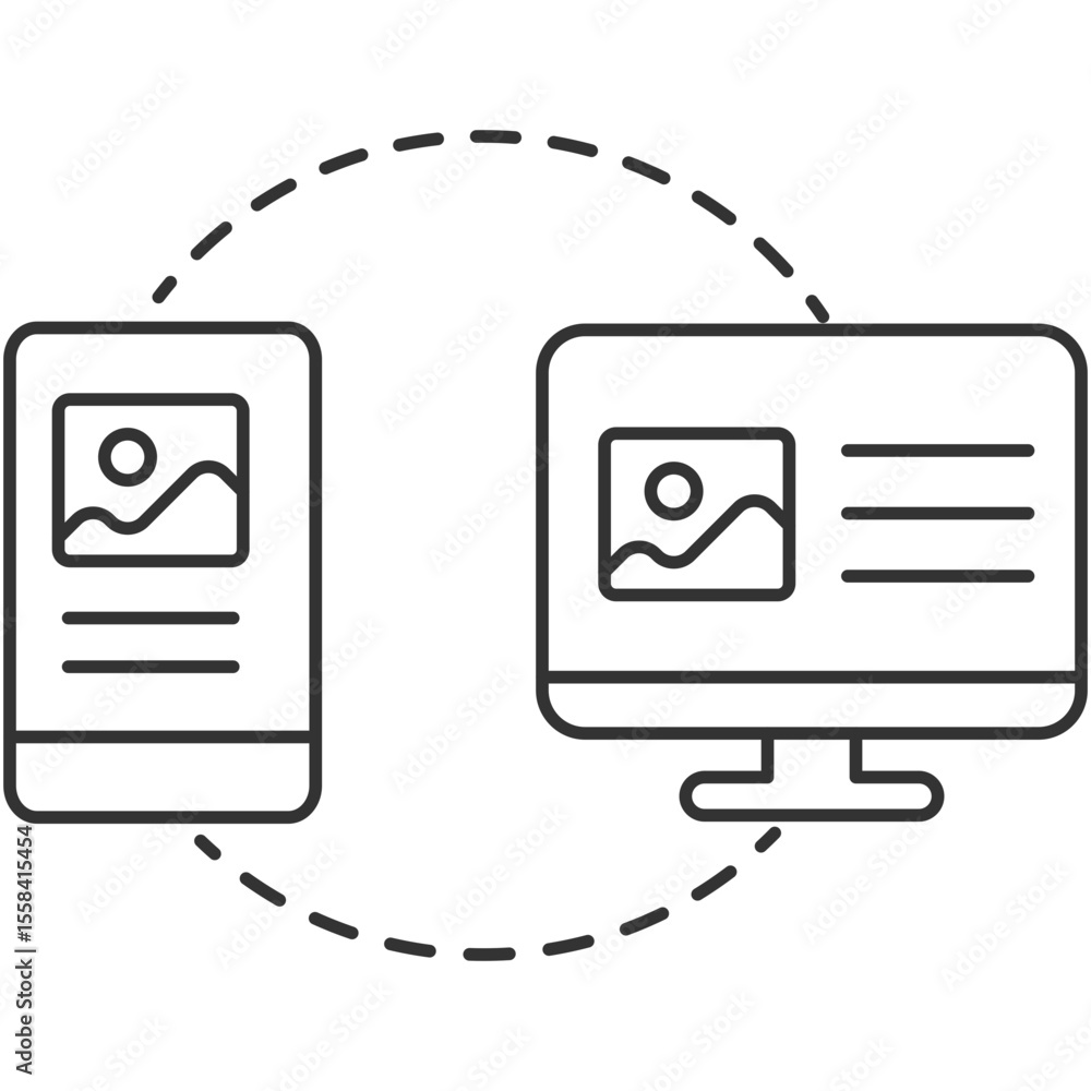 Poster data transfer linear icon. file sharing. data migration. device synchronization. mobile to desktop t