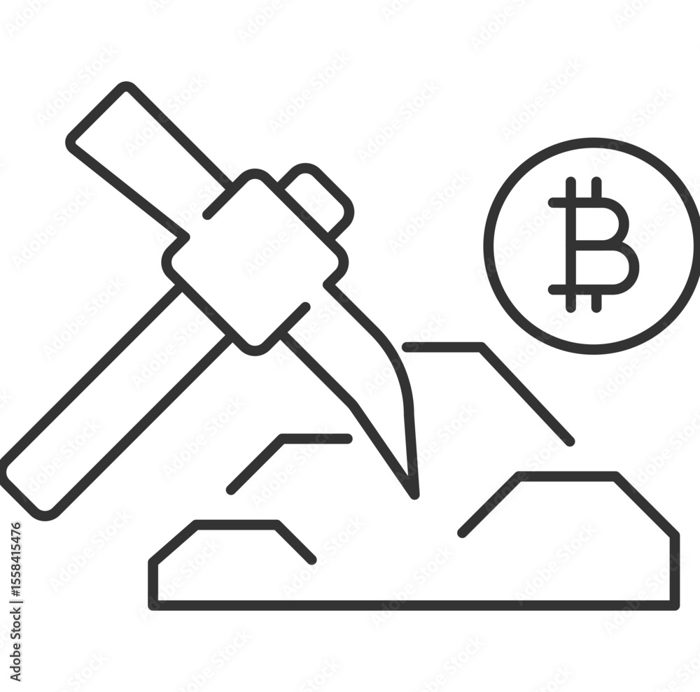Aufkleber crypto mining linear icon. pickaxe striking rocks and cryptocurrency symbol. digital currency. block