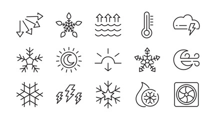 Snowflake line icon set. Clouds, illustration, snow, icons, holiday, overcast, sunny, rainy, snowy, windy, Christmas pattern line icon set. Ui thin line icon pack.