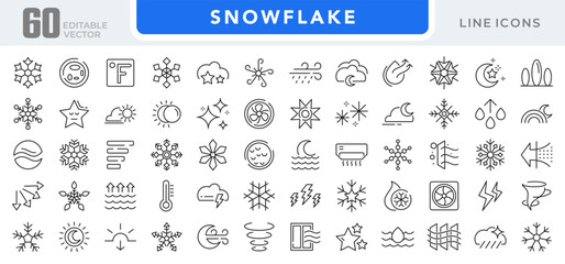 Snowflake line icon set. Clouds, illustration, snow, icons, holiday, overcast, sunny, rainy, snowy, windy, Christmas pattern line icon set. Ui thin line icon pack.