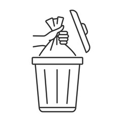 Garbage bin linear icon. Waste disposal concept. Hand holding garbage bag. Bin lid. Waste management. Thin line illustration. Contour symbol. Vector outline drawing. Editable stroke