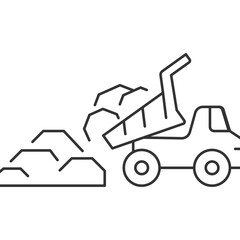 Dump truck linear icon. Heavy equipment for construction. Unloading materials. Transportation. Earthmoving. Thin line illustration. Contour symbol. Vector outline drawing. Editable stroke