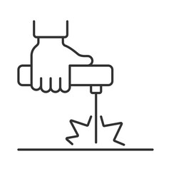 Welding linear icon. Hand holding welding torch. Metalwork concept. Industrial hand tool. Welding sparks. Thin line illustration. Contour symbol. Vector outline drawing. Editable stroke