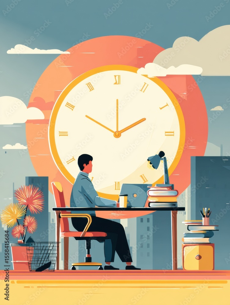 Poster modern workspace with giant clock emphasizes time management and productivity for effective working 